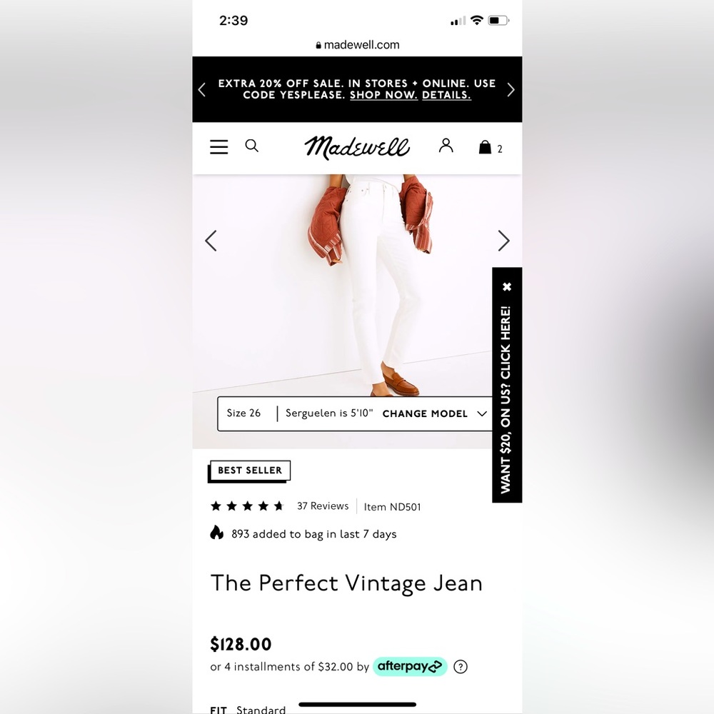 Madewell Perfect Vintage tile white jeans. Size 26. New with tags.